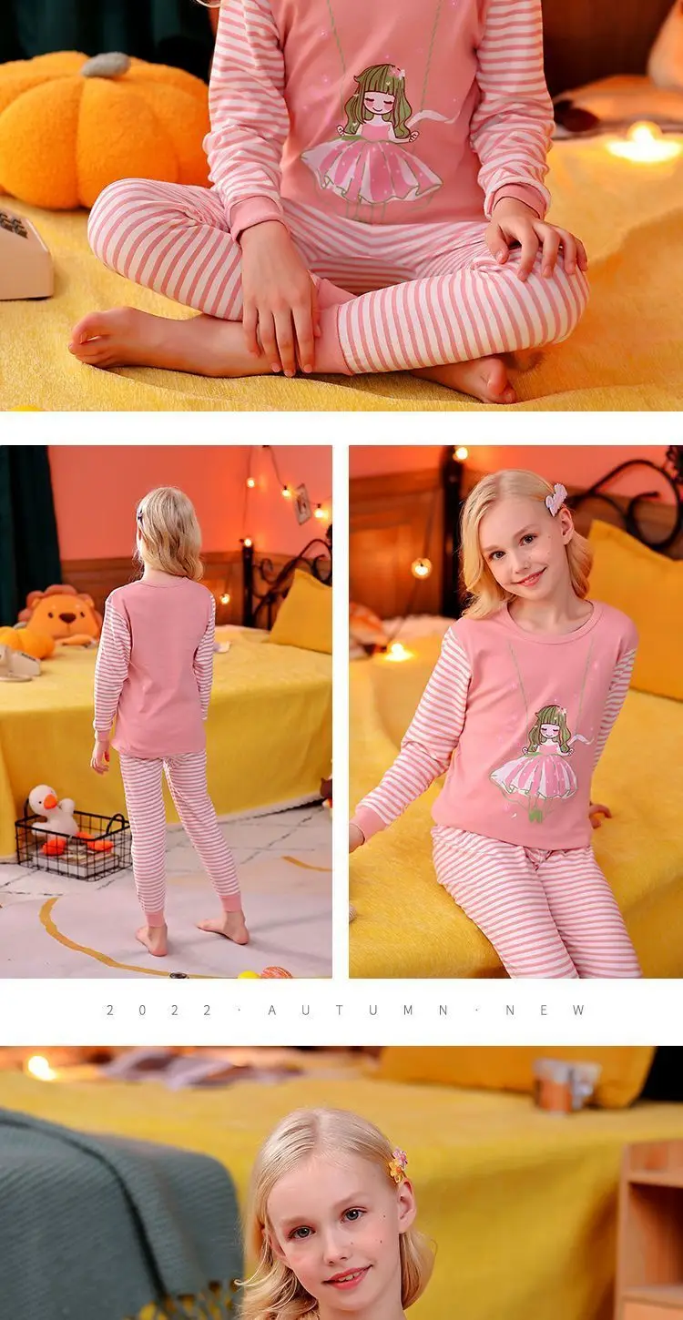 100% Baumwolle Kinder-Unterwäsche-Set für Frühling und Herbst, Mittellange Mädchen-Unterhose, 2er-Pack, Langarm-Loungewear – Detail 5