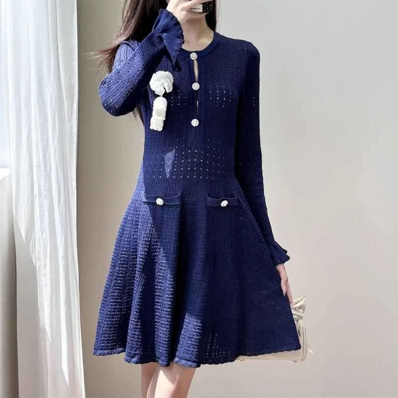 

Autumn new women's round neck handmade 3D hook flower long sleeved dress y2k high-quality fashionable high street ruffle edge mi