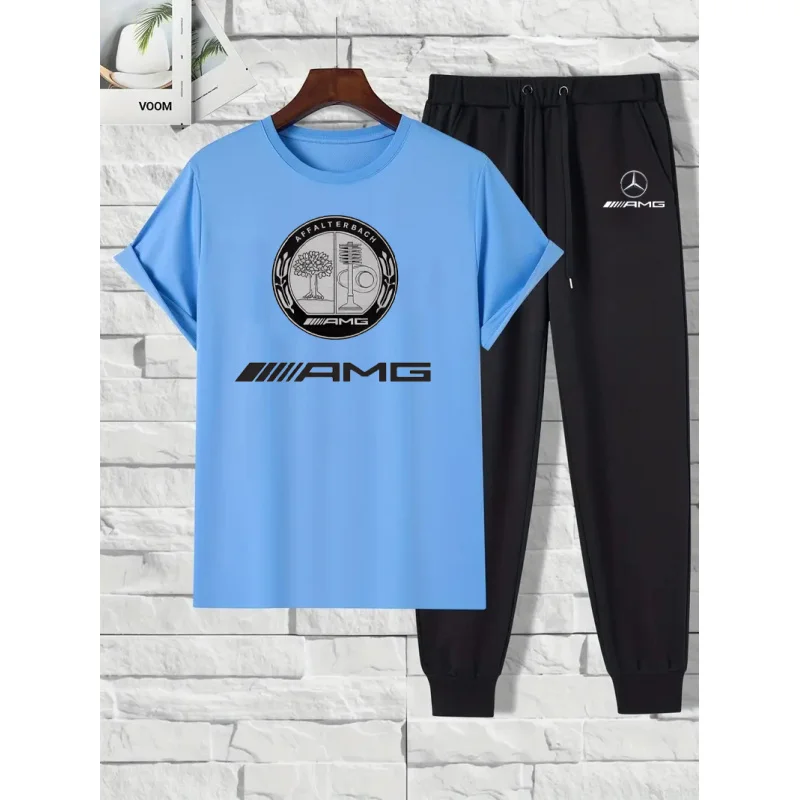 طقم مرسيدس بنز الجديد لعام 2025 للربيع والصيف، طقم قميص وسروال طويل مكون من قطعتين، كاجوال وعصري
