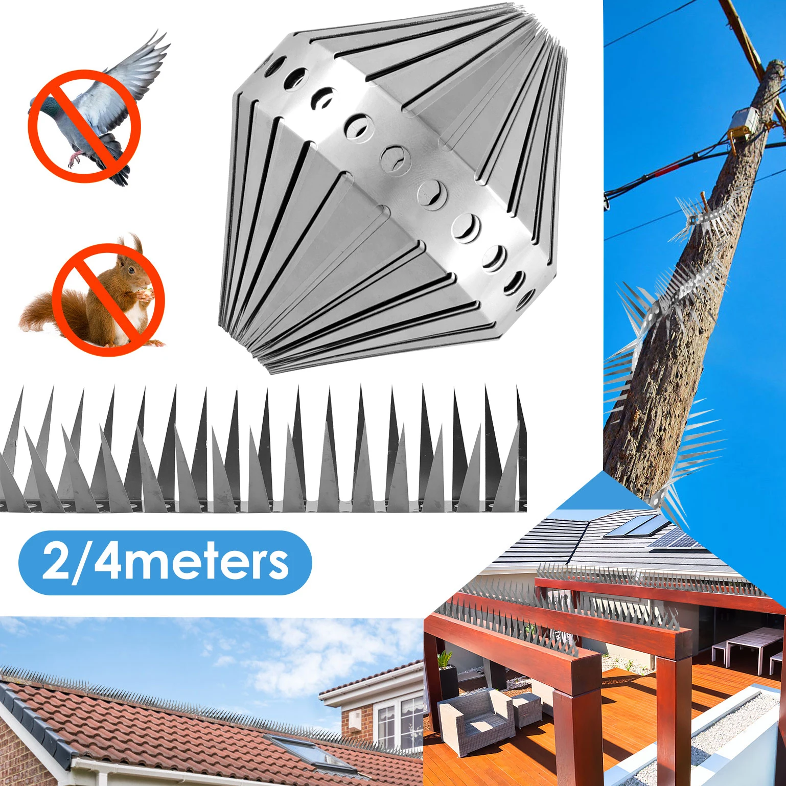 2/4 M Bird Spikes Stainless Steel Pigeon Repeller Set Garden Fence Spikes Anti-Theft Catcher Repeller for Roof Windowsills Barns