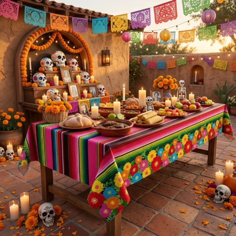 1-4PCS Colorful Mexican Stripe Floral Disposable Tablecloth Waterproof Plastic Table Cover for Taco Night Gathering