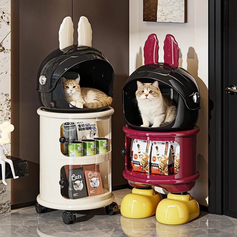 Multi Tier Wheeled Cat Storage Cabinet Pet Organizer Stylish Cat House Dish Storage Condo Bed Movable All Season Kitchen Storage
