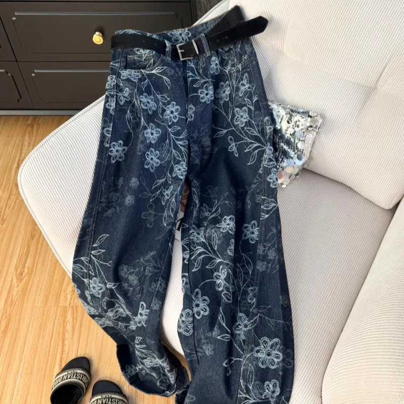 Blue Retro Commuter Embroidered Jeans Winter High-waisted Niche Fashion Fleece Thickened Straight-leg Pants Top Grade Women Wear