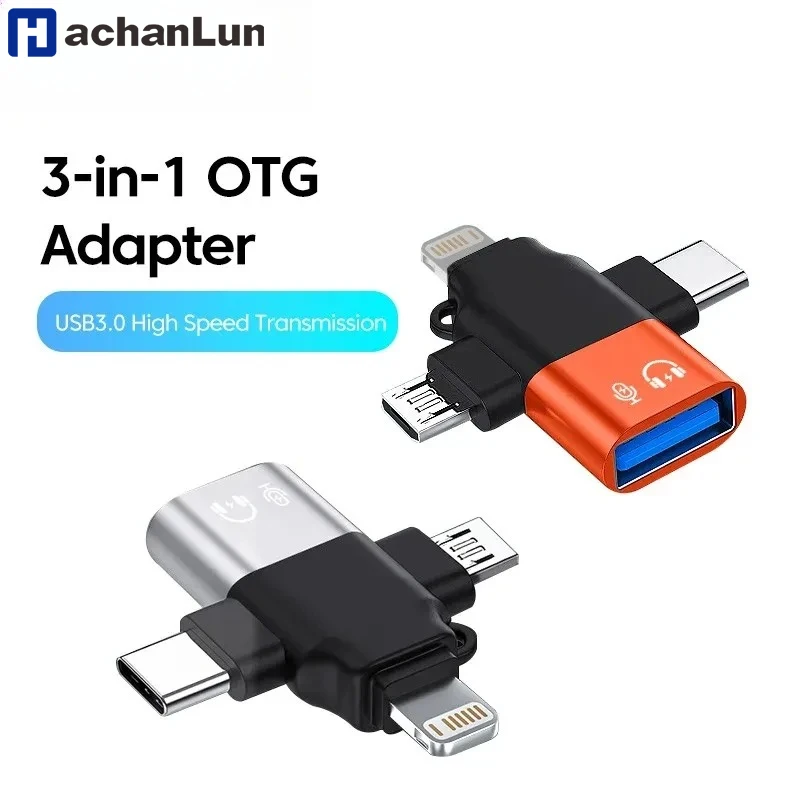 Adaptador OTG 3 en 1 USB3.0 a Micro USB/Tipo C/convertidor Lightning para iphone Xiaomi Samsung ratón teclado U unidad Flash