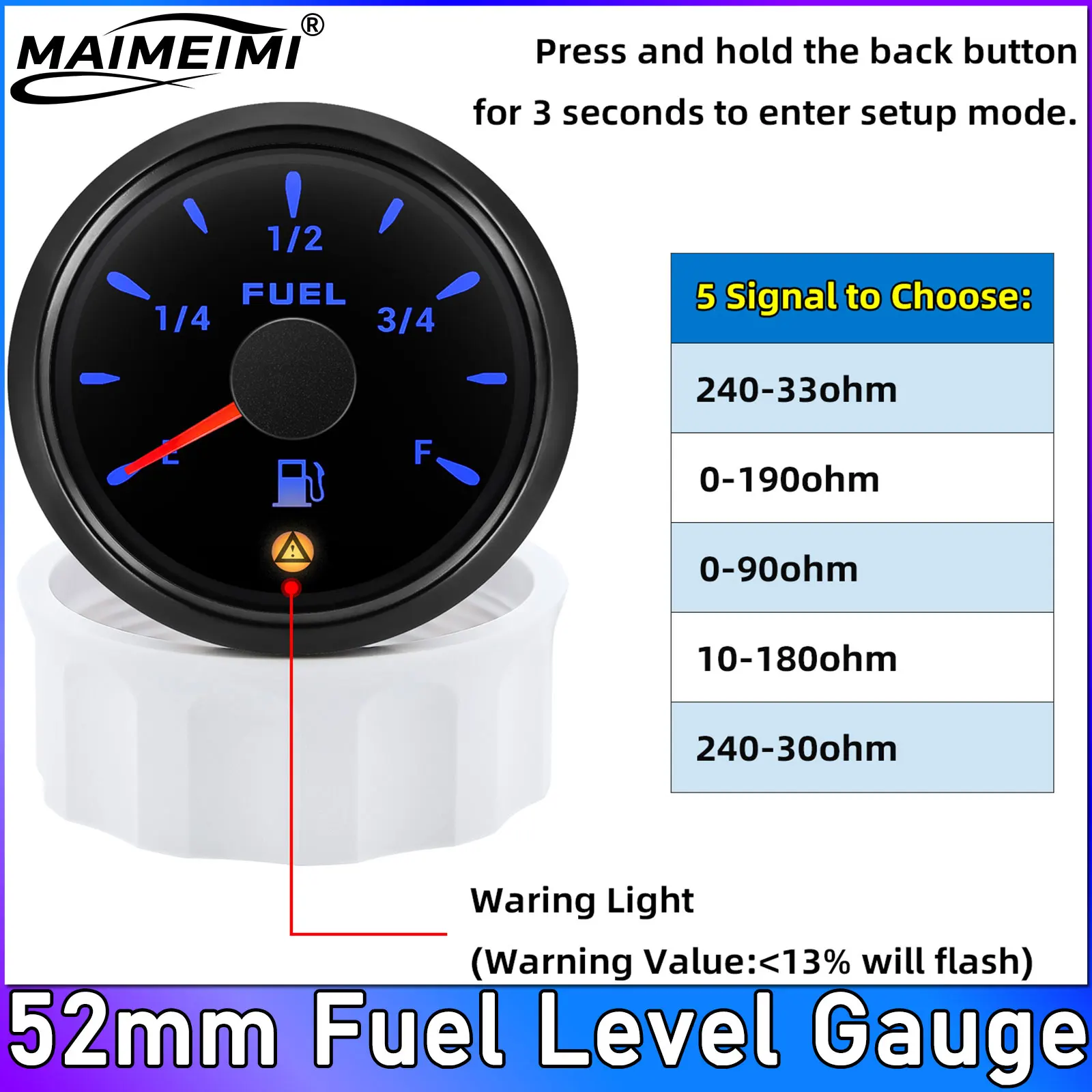 52mm Tankanzeige mit Alarm 13% 7-Farben-Hintergrundbeleuchtung 240-33 Ohm 0-190 Ohm 10-180 Ohm 0-90 Ohm 240-30 Ohm Öltankmesser für Auto – Detail 1