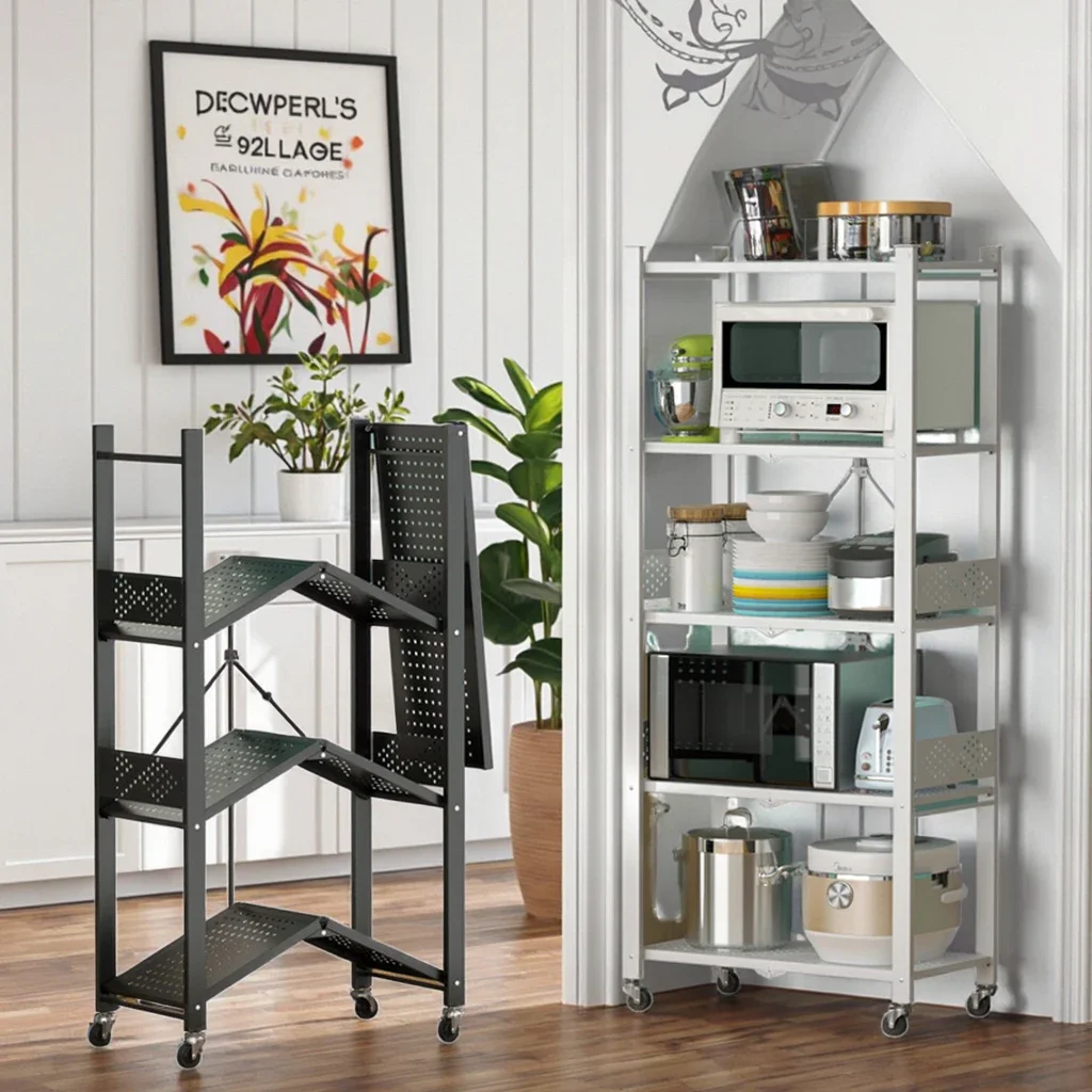 4-Layer Carbon Steel Kitchen Bathroom Storage Shelves Microwave Spice Rack Multi-Level Foldable Design Stand-Type for Home