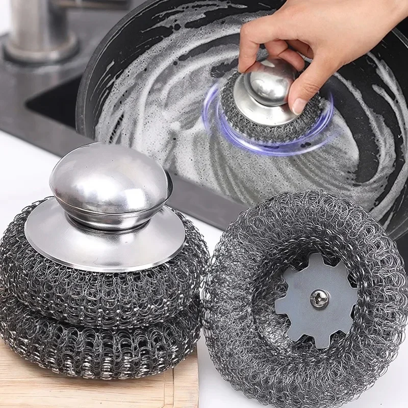 5PC Steel Wool Scrubber With Handle Stainless Steel Cleaning Brushes Cleaning Dishes Stock Pots Pans Griddles Grills