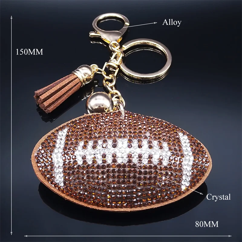 Cute Rugby American Football Crystal Key Chain for Bag Accessories Alloy Rhinestone Tassel Bell Car Key Ring Jewelry Gift K7366