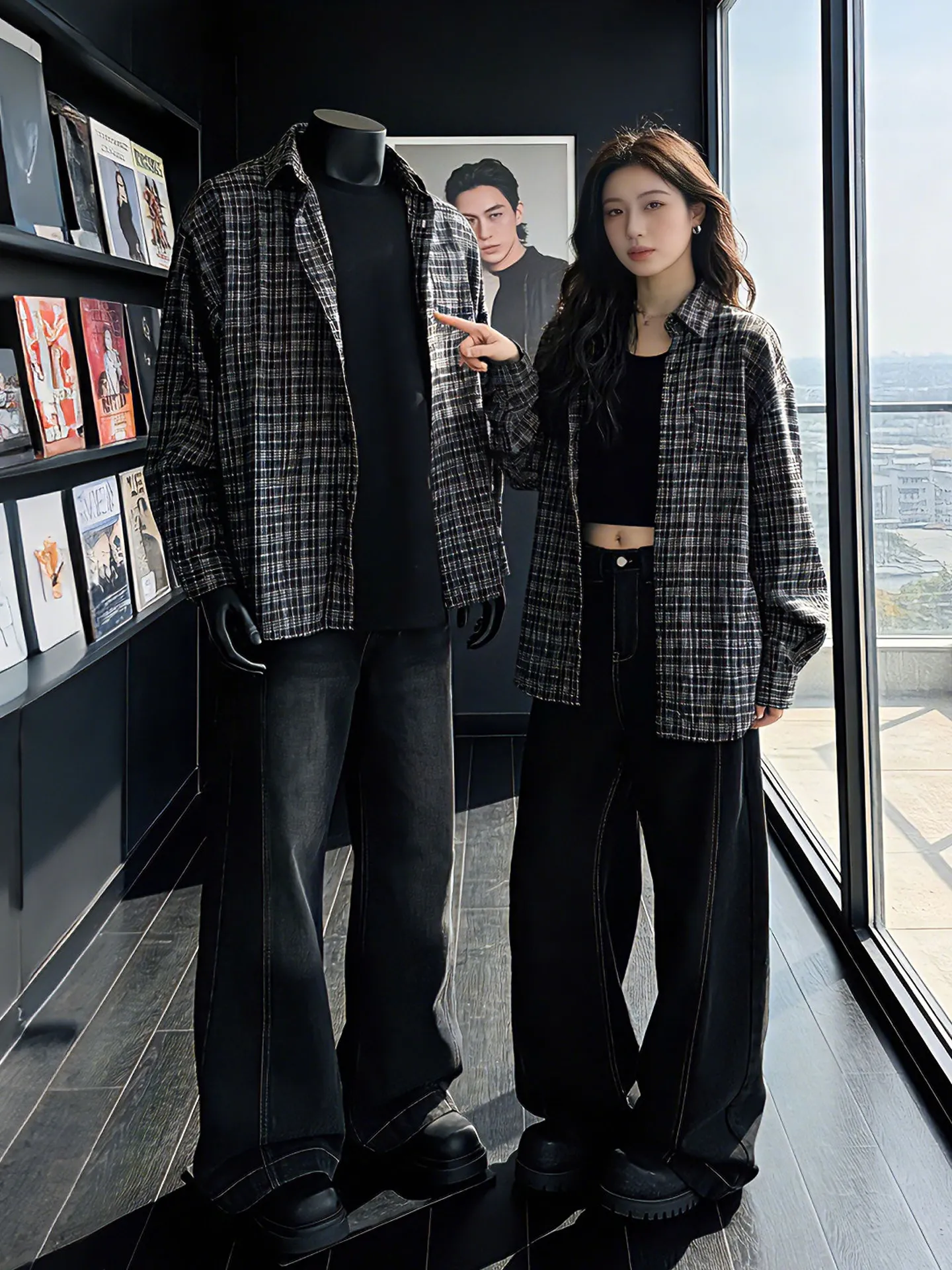 Retro American Plaid Shirt Men's Spring High Sensation Long Sleeve Casual Sun Protection Outerwear Loose Fit Button up