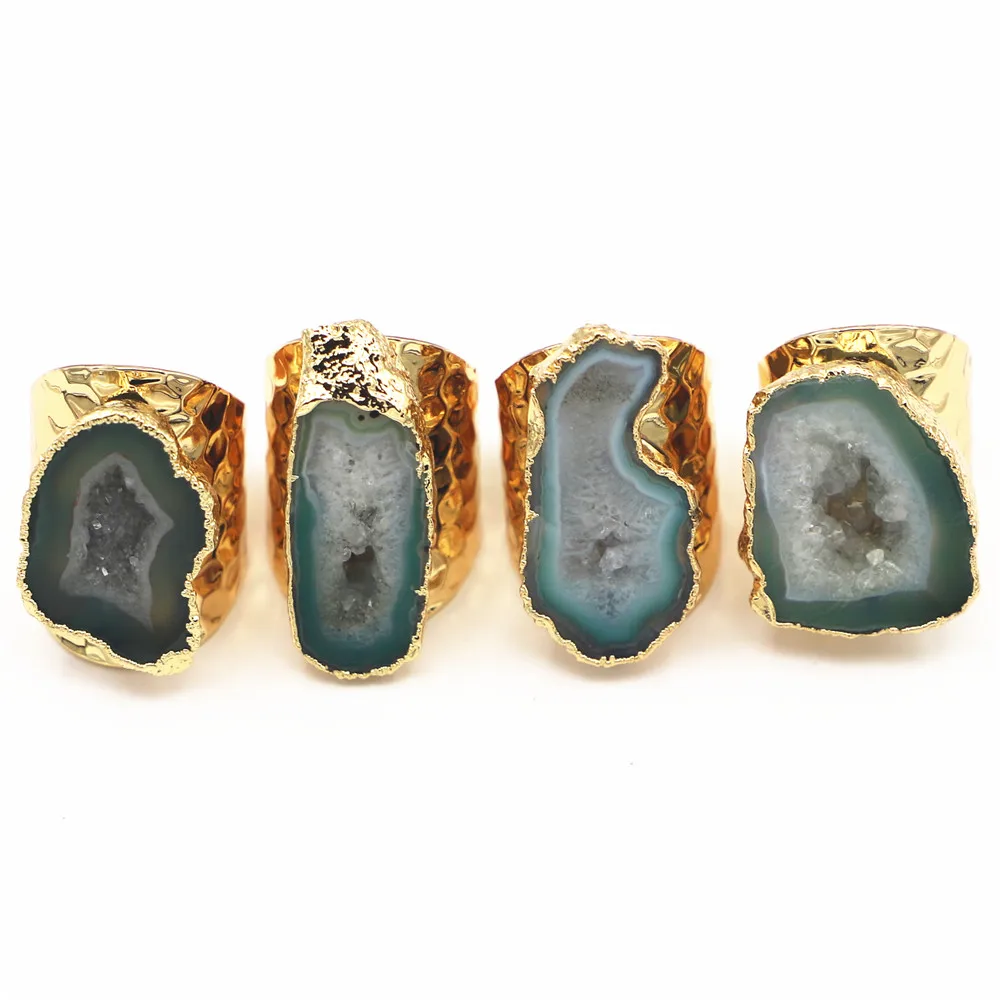 

New Natural Green Electroplated Golds Color Edged Slice Rings Open Agates Geode Drusy Druzys Mens Wedding Engagement Set 4PCS