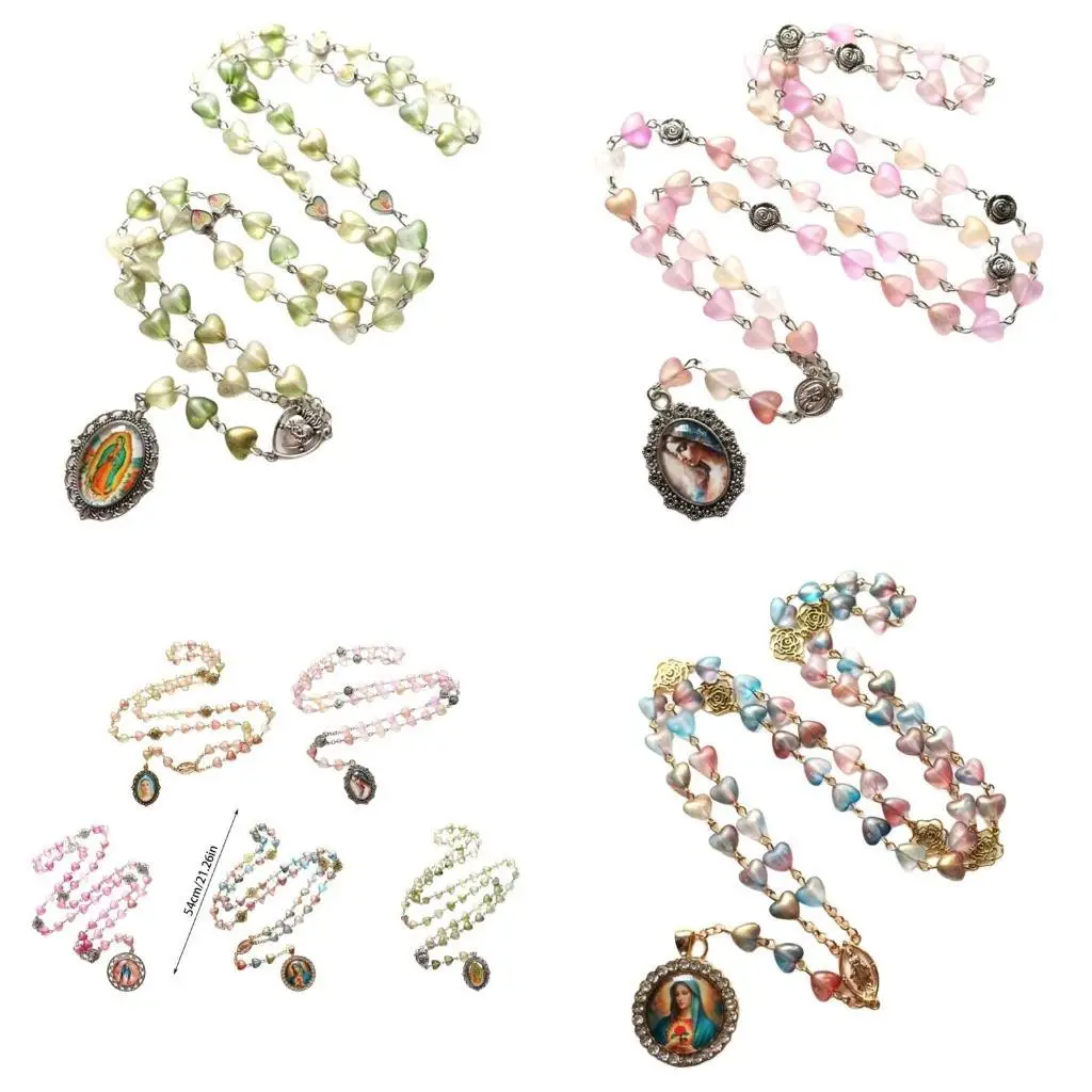 

E8BD Metal Rose Heart Beads Prayer Rosary Necklace Gift Religious Jewelry Collectors