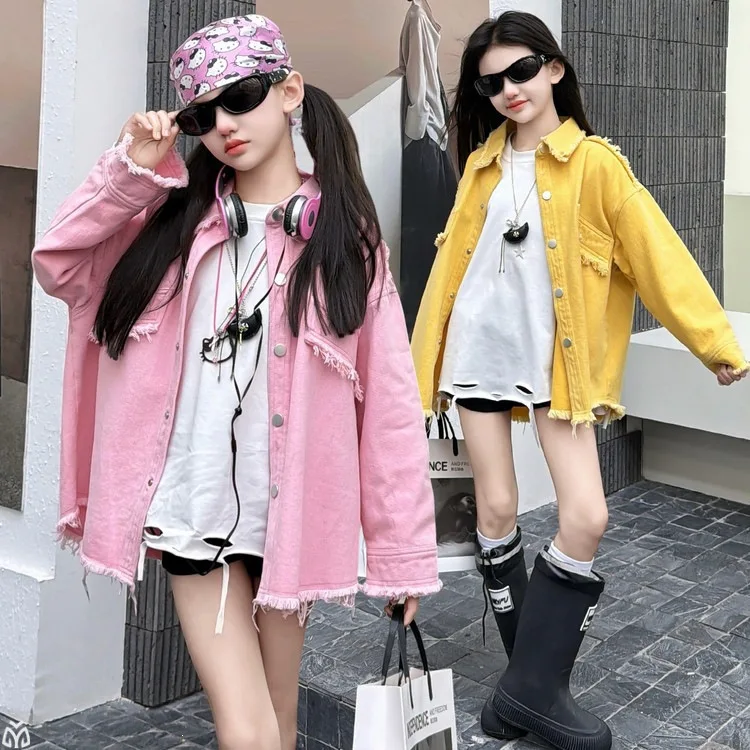 4-14 teenager Girls Frayed Denim Shirt Jacket 2026 Spring junior Kids Casual Loose-Fit Workwear Top child Outerwear coat clothes