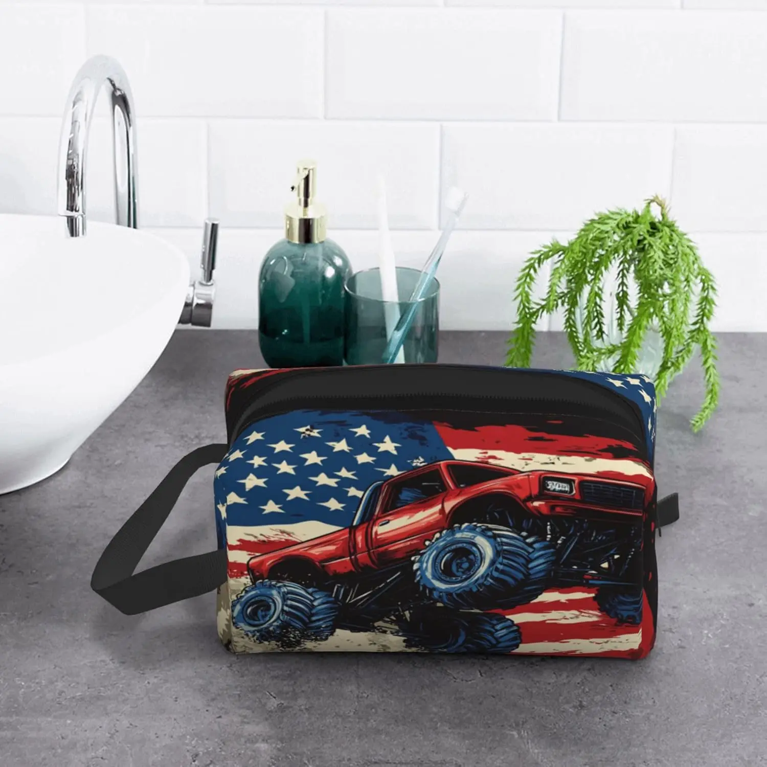 

USA Flag Trucks Travel Toiletry Bag Waterproof Cosmetic Toiletries for Girls Adults Makeup Pouch Wash Bag