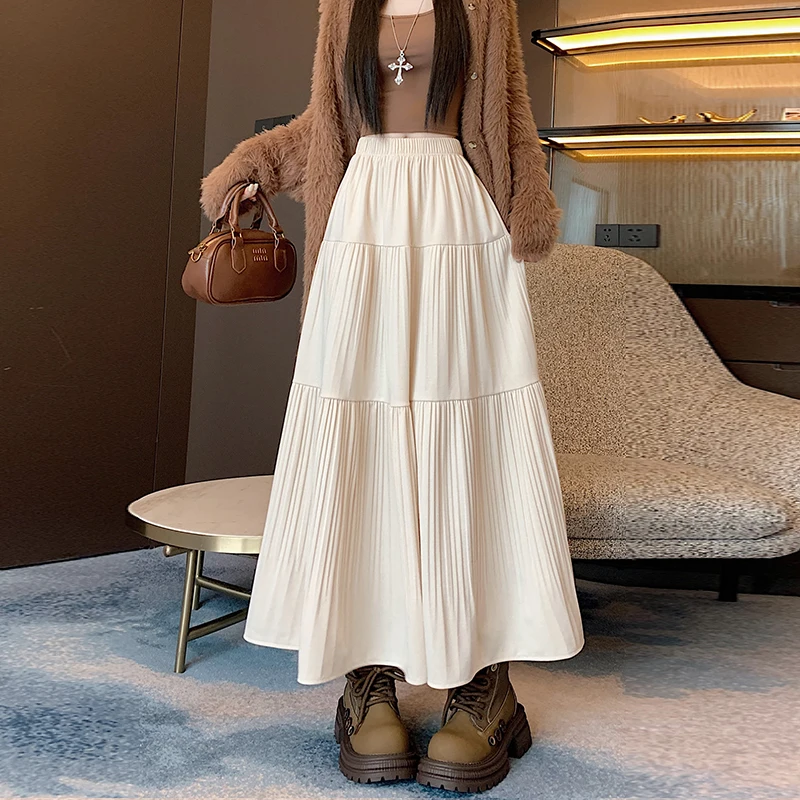 

Весенняя женская юбка А-силуэта из шерсти, шикарный дизайн, однотонная юбка миди, корейский стиль, для повседневной носки, теплая, из полиэфирного волокна