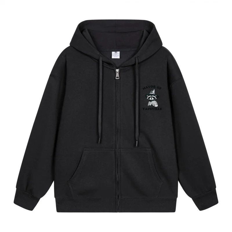 

Men's Zip-Up Hoodie Black Hoodie With White Logo 2025 New Style Casual Couples’ Style Casual and Loose