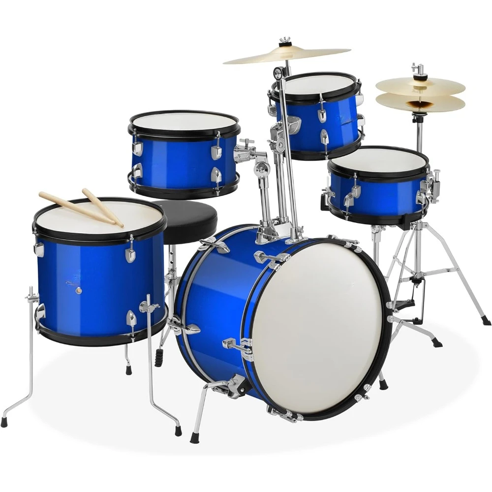 Hardware Drum Set 5-Piece Junior Starter Drum Kit With Cymbals Music Instruments Sticks & Throne - Blue Percussion Musical