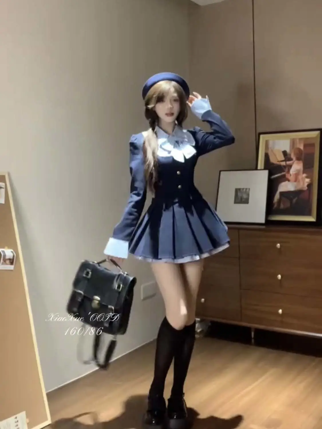 long sleeve short two piece dress Korean College Style Fake Two-piece Bow Long-sleeved Dress for Women Autumn  Waist Pleated Short Skirt
