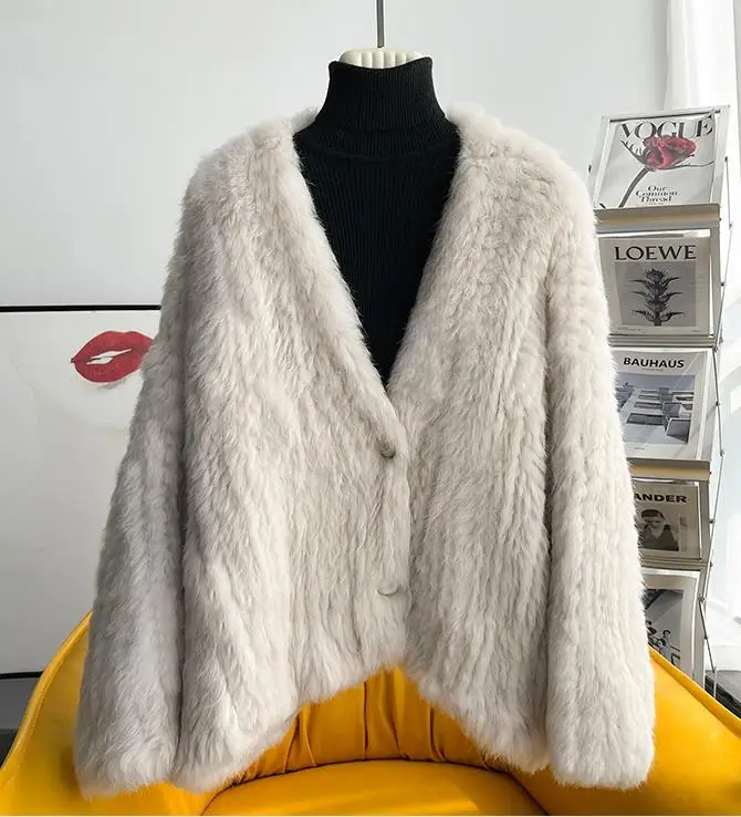 

Real Rabbit fur manual double-sided Knitted Women's 2023 New Autumn Winter net red V-neck Young Fashion Short CustomizedCoat