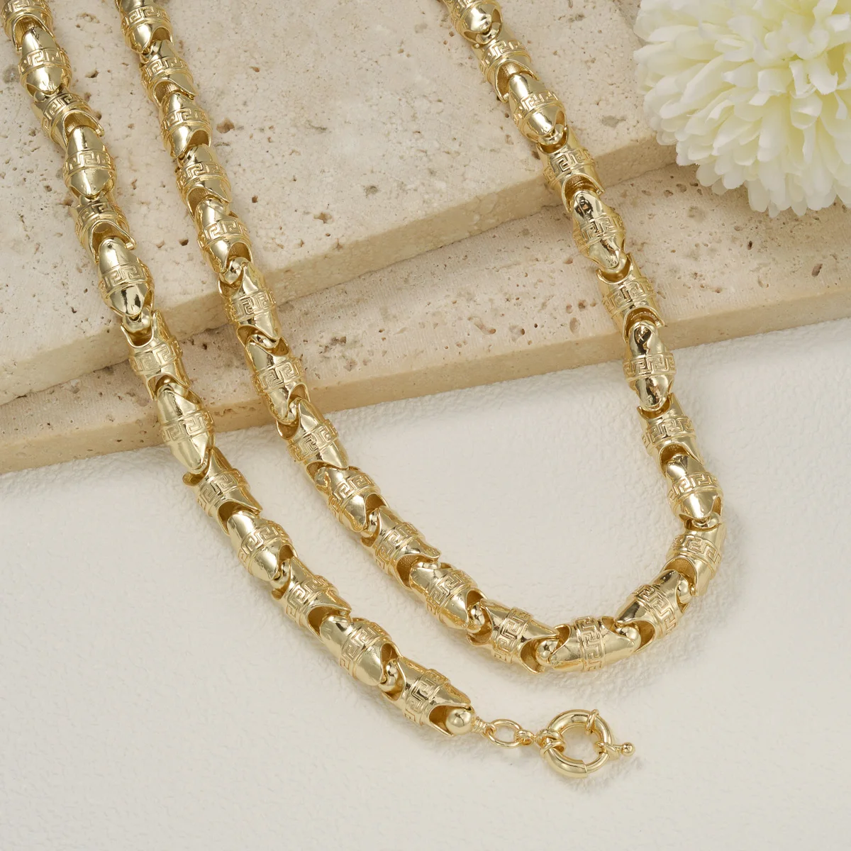 Copper Gold Plated Thick Tube Carved Link Jewelry Set Men Necklace Bracelet Engraved Bead Chain For Banquet Dating Occasions