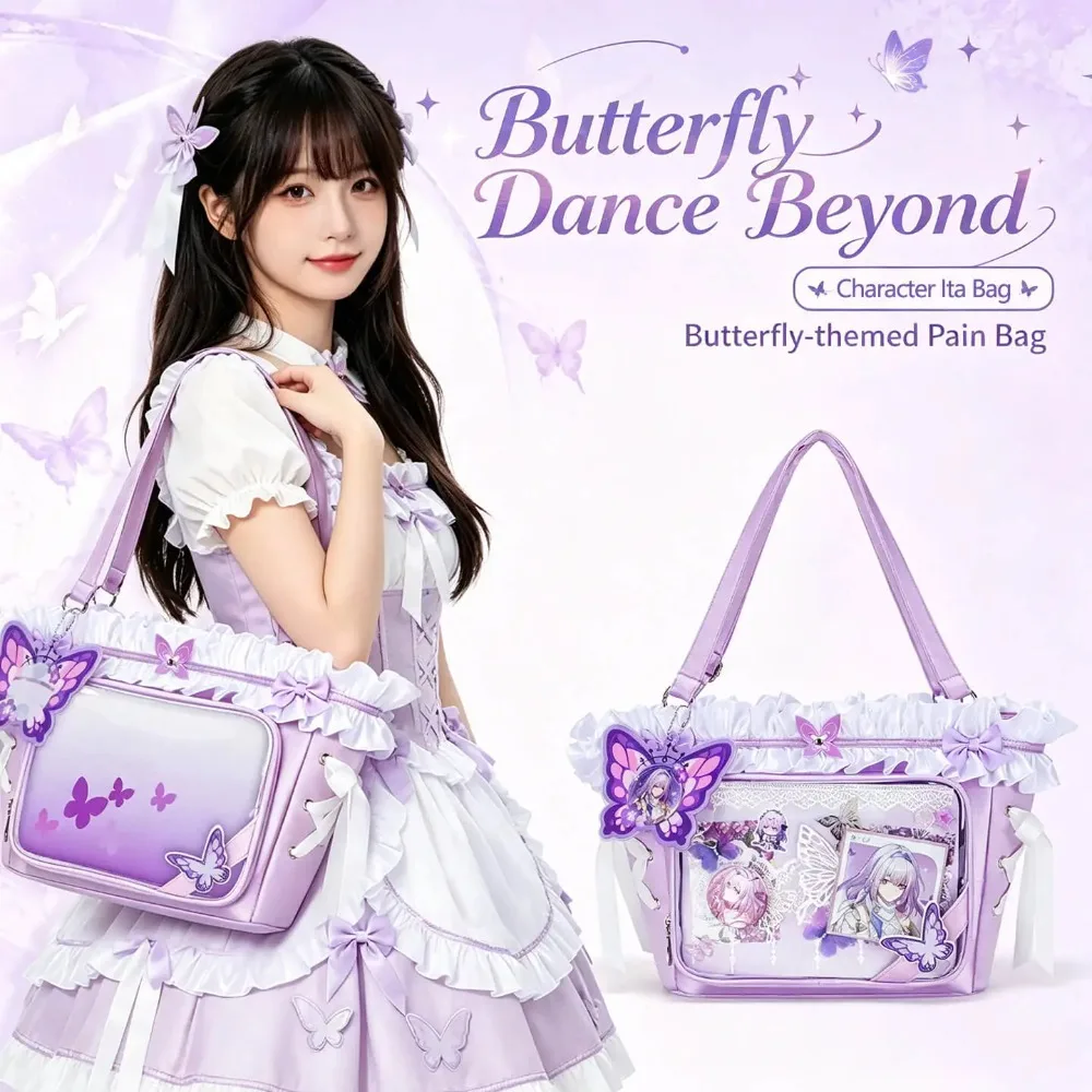 Butterfly Dance Women Y2K Shoulder Bags Ita Bag DIY Clear Pin Display Bag with Insert and Accessories Anime Kawaii Ita Crossbody
