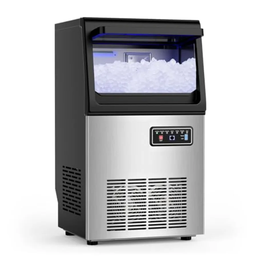 Nugget Ice Maker Machine for commercial use, stainless steel body, silver color, 100LBS/24H output with 20LBS storage capacity