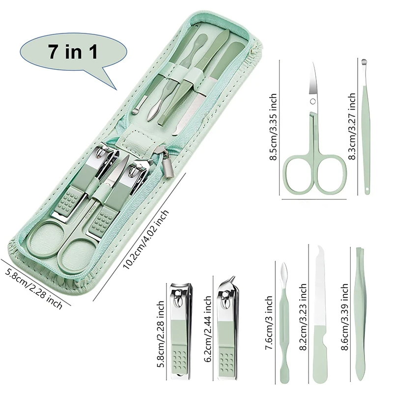 Professionelles, neues, hellgrünes 7-teiliges Maniküre-Set aus hochwertigem Stahl, multifunktionaler Nageltrimmer, Schere, Fußpflege-Werkzeuge