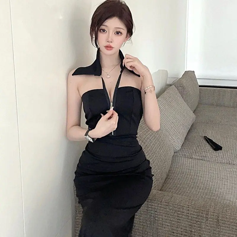 Korejepo European American Style Dresses Low Cut Zipper Hanging Neck Temperament Evening Dress Sexy Night Tube Hip Long Vestido