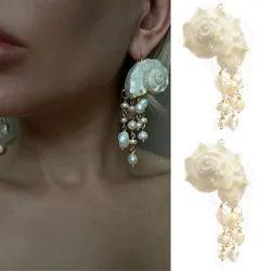 1 Pair White Shell Pearl Earrings With Gift Box, Natural Sea Shell Stud Earrings Fashion Women Gift Beach Jewelry