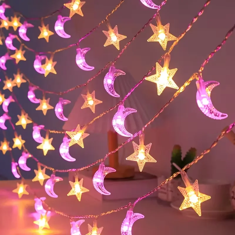 1PC 20LED Pink Moon Warm Star String Lights Battery Powered Courtyard Lights Ideal For Ramadan Eid Al-Fitr Living Room Decor