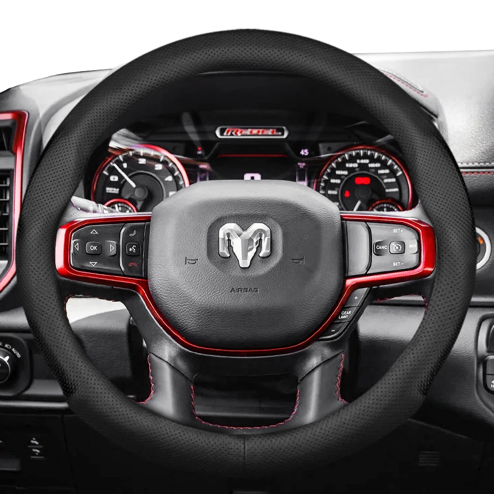 Suitable for Ram Ultra-Thin Breathable Leather Steering Wheel Cover for Models Such as Pickup Promaster Rampage 1500 2500 3500 4000 4500 5500 700 1000, Black, Red, Brown Car Accessories