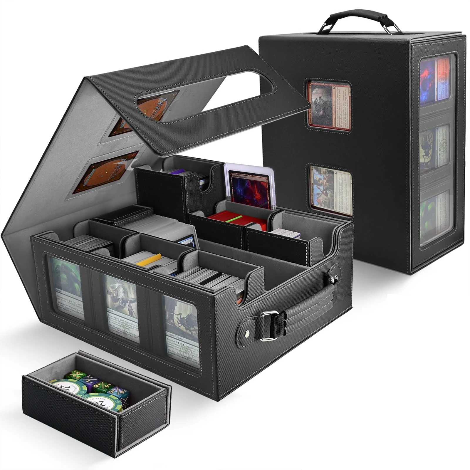 1 Stück Graue 7-in-1 Sammelkarten-Aufbewahrungsbox mit Griff MTG TCG Deck Box mit Commander-Display für 1300 und Sleeved Karten