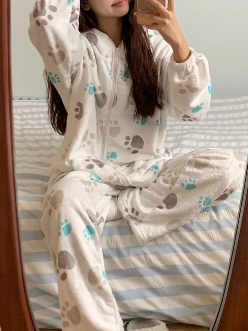 Japanese Coral Velvet Fleece Sleepwear Two-piece Women Antistatic Homewear Pajama Set Panda Thick V-neck Loungewear 2025 Winter