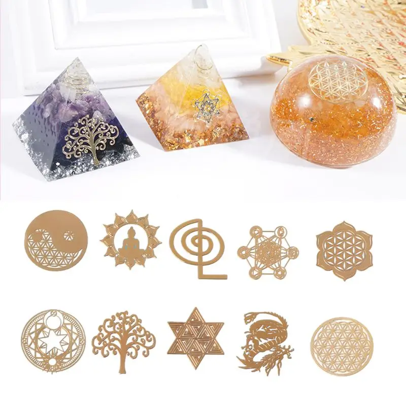 10pcs Sacred Geometric Copper Energy Orgonite Sticker Flower Life Tree Pyramid Pattern For DIY Material Epoxy Resin Art