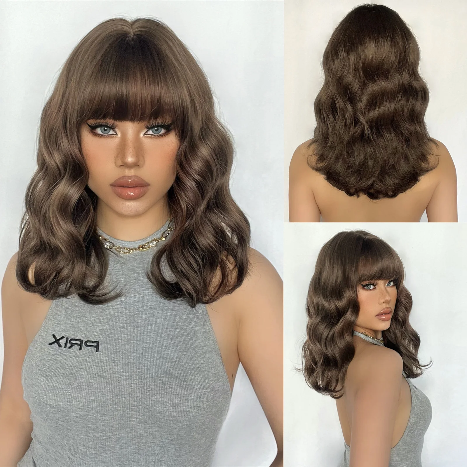 Short Wavy Synthetic Wigs Dark Brown Medium Length Silky Wig With Bangs For Daily Cosplay Natural Hair Wig Heat Resistant Fiber