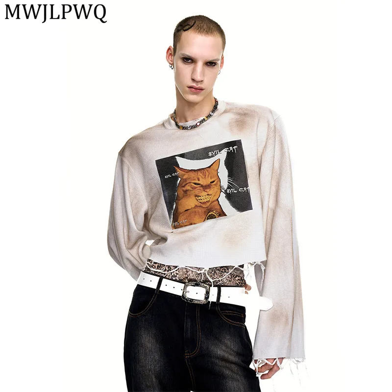 

MWJLPWQ Print Spray Dirty Short Long Sleeve T-shirt Men's Autumn Destroyed Frayed Edge Niched Men's Round Neck Base Shirt 11759