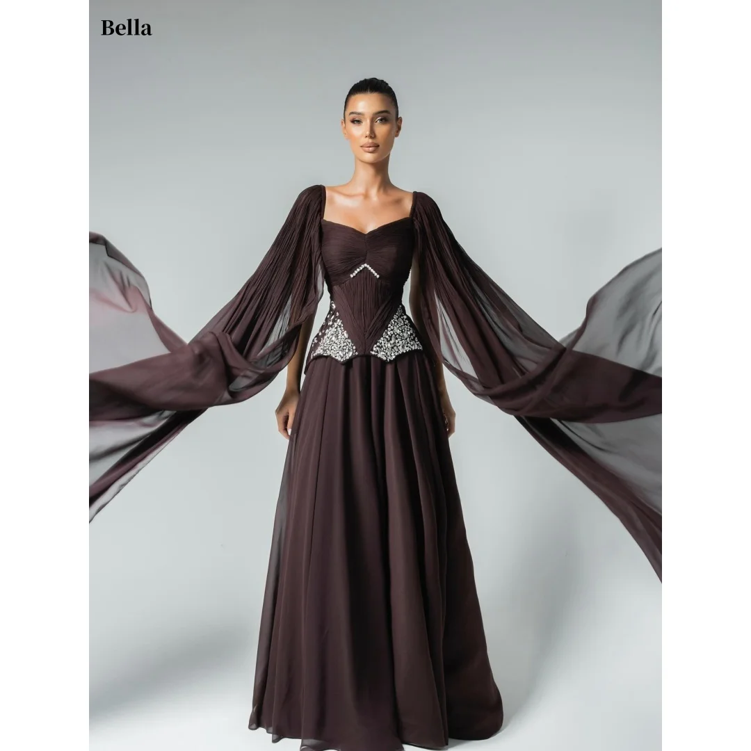 

Bella Индивидуальное темно-коричневое бальное платье с квадратным вырезом и лифом в форме сердца со стразами на талии, струящееся бальное платье с длинными рукавами, вечерние платья, платье для выпускного вечера