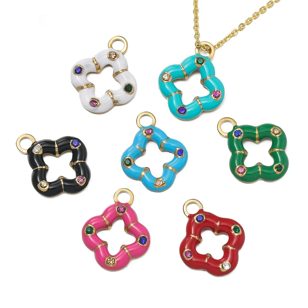 1pcs/lot Stainless Steel Enamel Zircon Flower Clover Shape Charms Pendants for Earrings Making Necklace Bracelet Accessorise