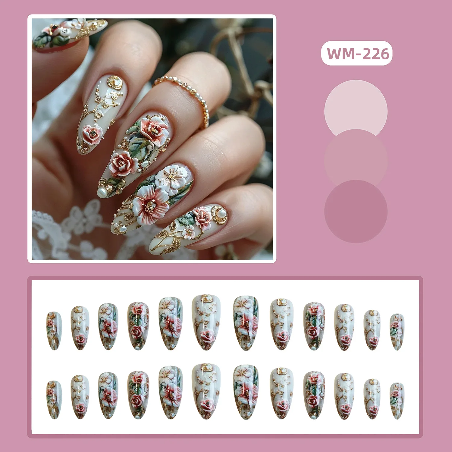 24 pçs europeu preto ouro unhas falsas moda flor padrão imprensa em unhas wearable reutilizáveis dicas de unhas falsas para mulher menina