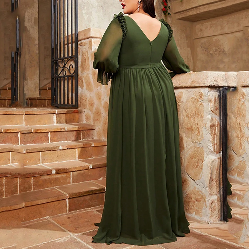 Abito da donna con scollo a V verde elegante taglie forti Abito da sera con gonna a maniche lunghe a lanterna di grandi dimensioni Abiti da ballo maxi Abiti