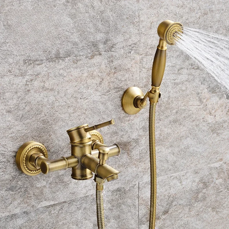 

High Quality Brass Antique Bronze Bath& Shower Faucet Bathroom Wall Mounted Bamboo Joint Shower Faucet Set with Shower Handheld