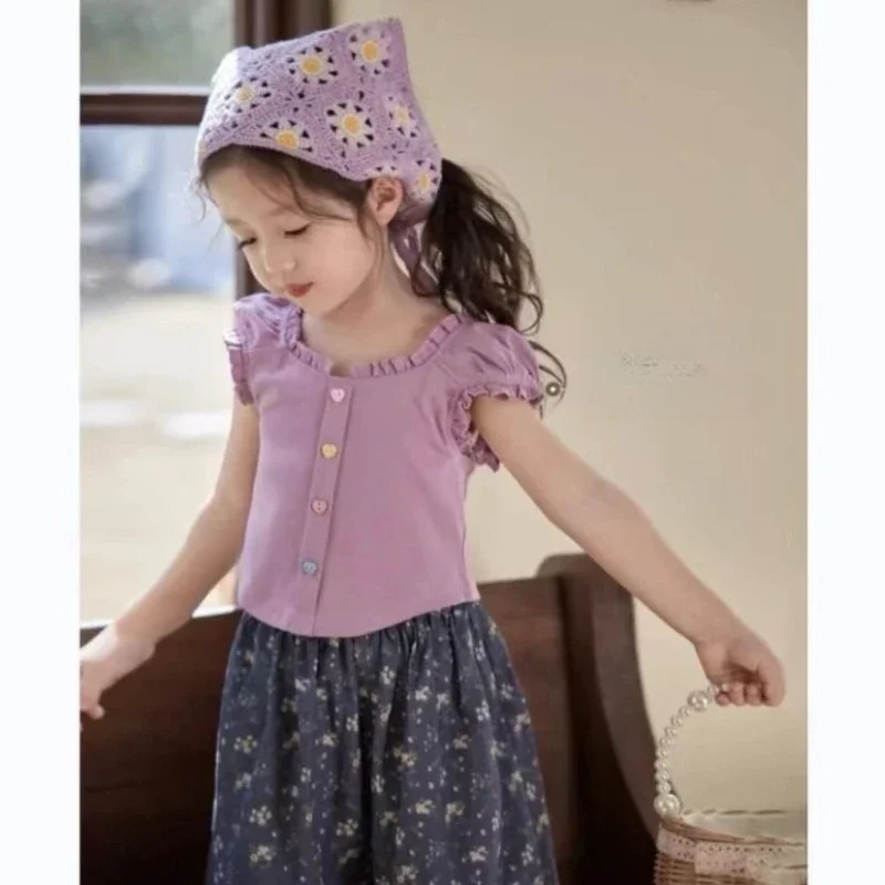 

Girls' Summer New Dopamine Bubble Sleeve T-shirt, Baby Girl Vest, Stylish Short Sleeved Versatile Thin Design