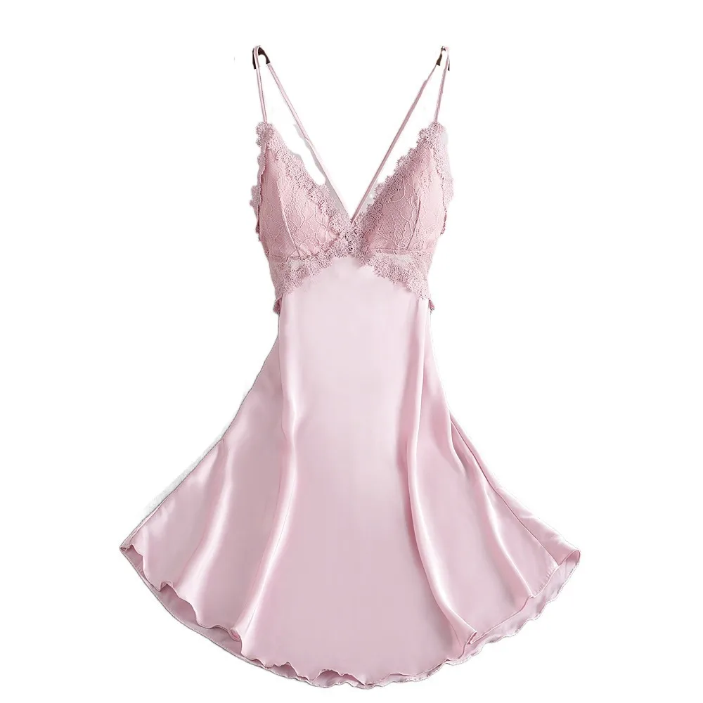 

Lace Women's Pajama Dress Dress with Pads Hollow Out Ice Silk Suspender Nightdress Thin Sleepwear Slim Sling Nightgown Home