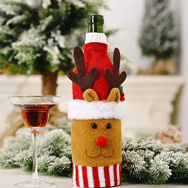 Champagne Bottle Cover Reusable Christmas Decoration Cartoon Shape Snowmen Elk Christmas Wine Bottle Clothes for New Year