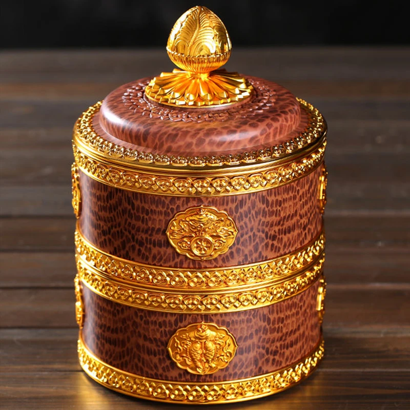 

Tibetan Brown Resin Double Layer Jar Food Organizer Tantric Metals Handicraft Buddhist Storage Box Home Desktop Gift Decorative