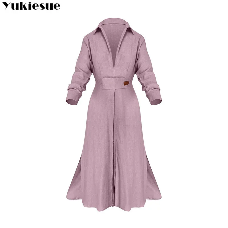 فستان نسائي 2023 ربيع خريف موضة جديدة فساتين سهرة أنيقة بلون واحد جيوب للحفلات فستان بأكمام طويلة وطية صدر السترة #5