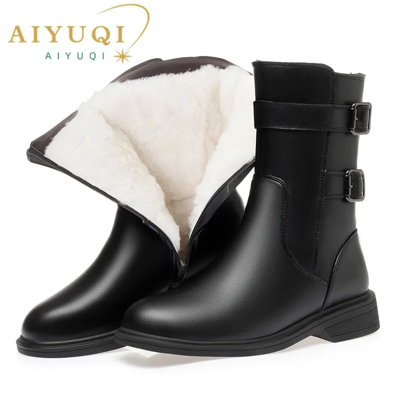 AIYUQI Women Ankle Boots Genuine Leather Large Size 41 42 43 Women Snow Boots Antiskid Thickened Wool Warm Winter Boots Women