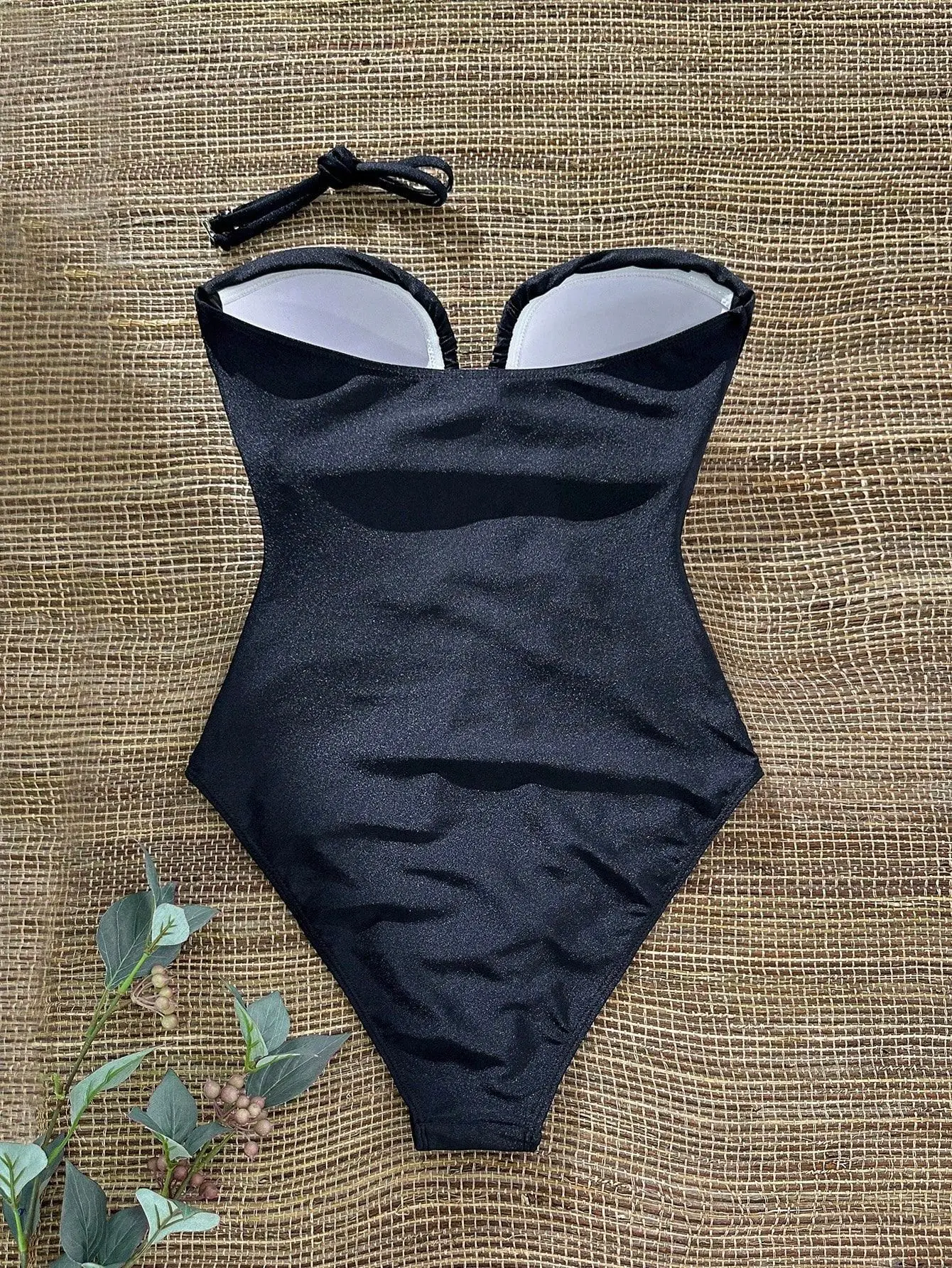 sexy black plain bandeau pearl swimsuits one piece deep v-neck bodysuits bikinis bathing suit swimwear biquini tankini trikini