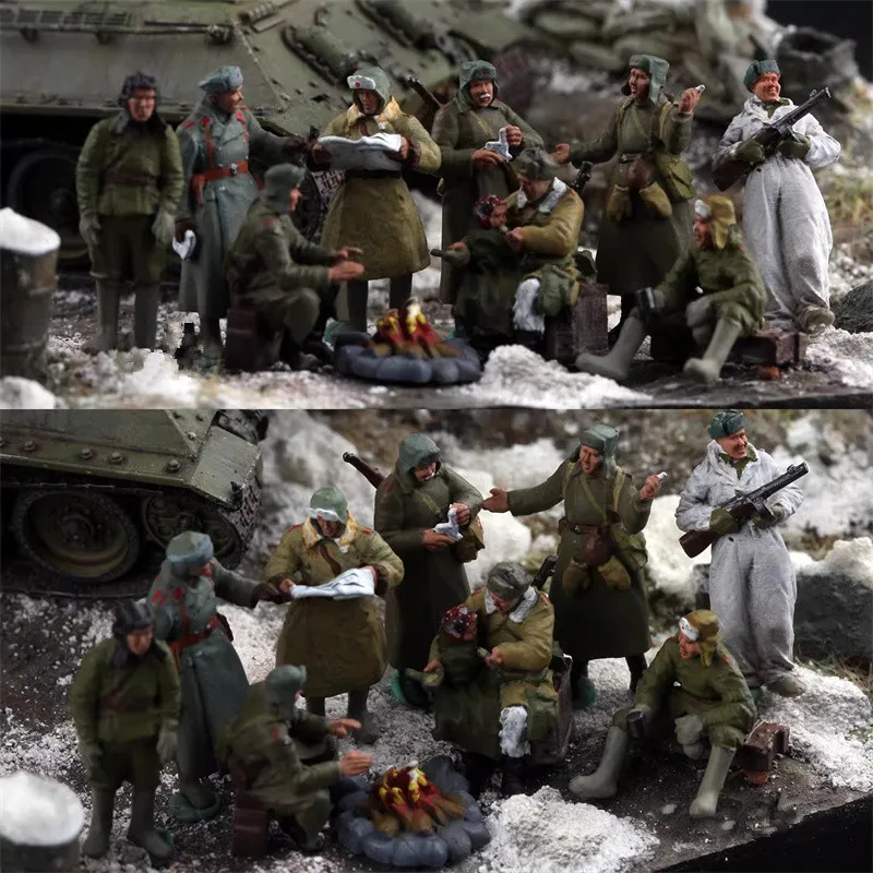 

Масштабная модель 1:72, напечатанная на 3D-принтере, 9 фигурок советских солдат, ожидающих под теплым зимним солнцем, с ребенком и костром, коллекционная серия