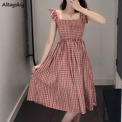 Sleeveless Dress Women Retros Plaid Square Collar Korean Style Fashion Temperament Vintage Sweet Ladies Harajuku Casual Tender