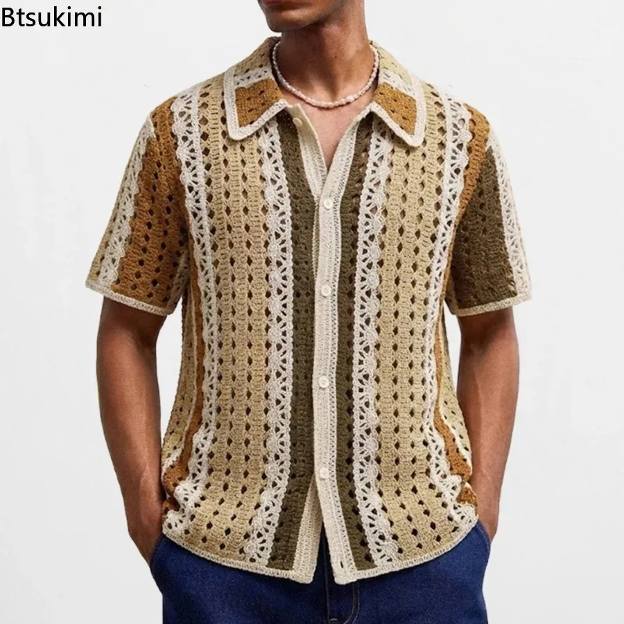 2026 Summer Men's Short Sleeve Polo Shirts Casual Knit Hollow Out Cardigan Soft Breathable Vintage Crochet Knitwear Tops for Men
